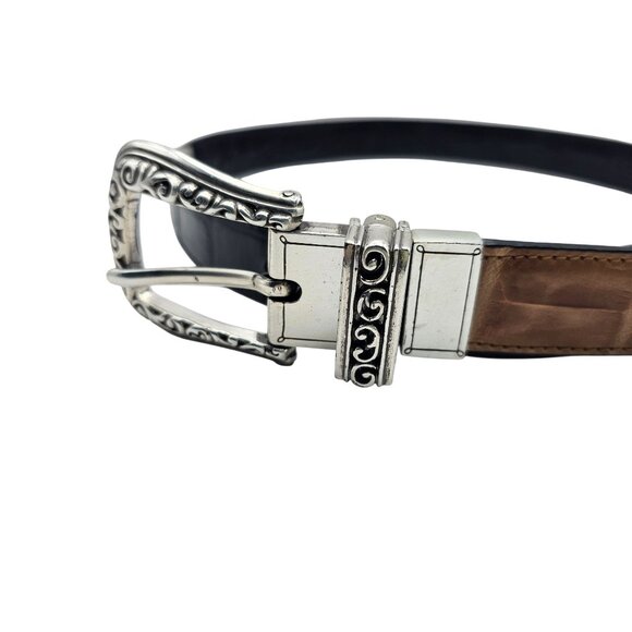 Brighton M Reversible Brown Black Croc-Embossed Leather Belt Silver Buckle - Picture 3 of 11